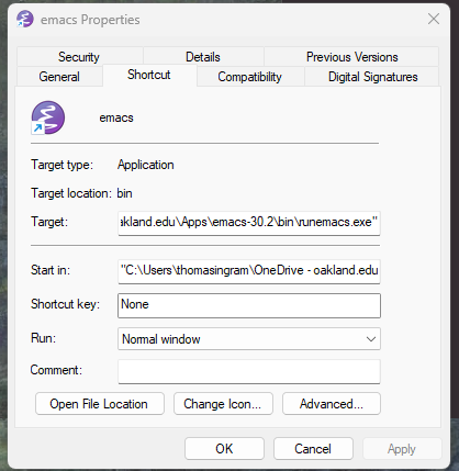 Properties menu showing Target set to runemacs.exe