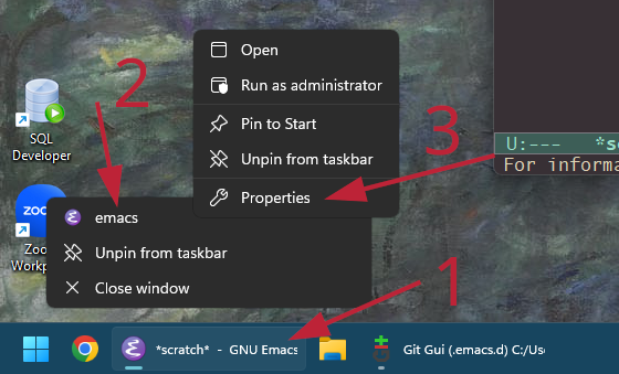 right-click the taskbar icon then, then right-click the Emacs option in the pop-up, then click Properties